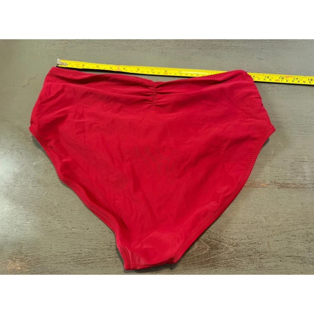 Red High Waisted Ruched Bikini Bottoms Women Size Large Full Coverage Swimwear